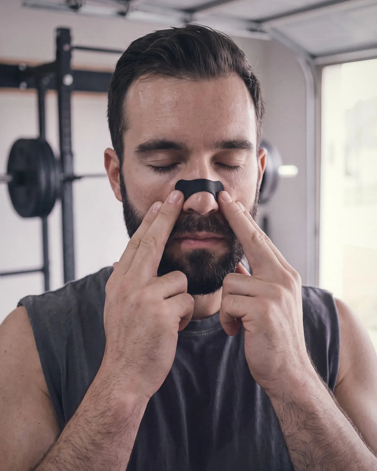 Athlete pressing the ends of an OXYFIT Sport Nasal Strip with two fingers