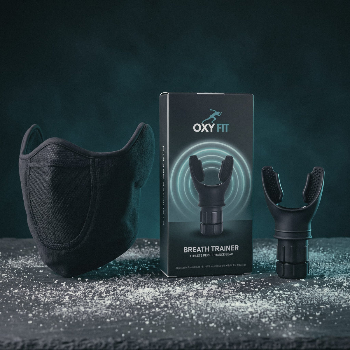 OXYFIT Thermal Face Guard next to the Breath Trainer and its box