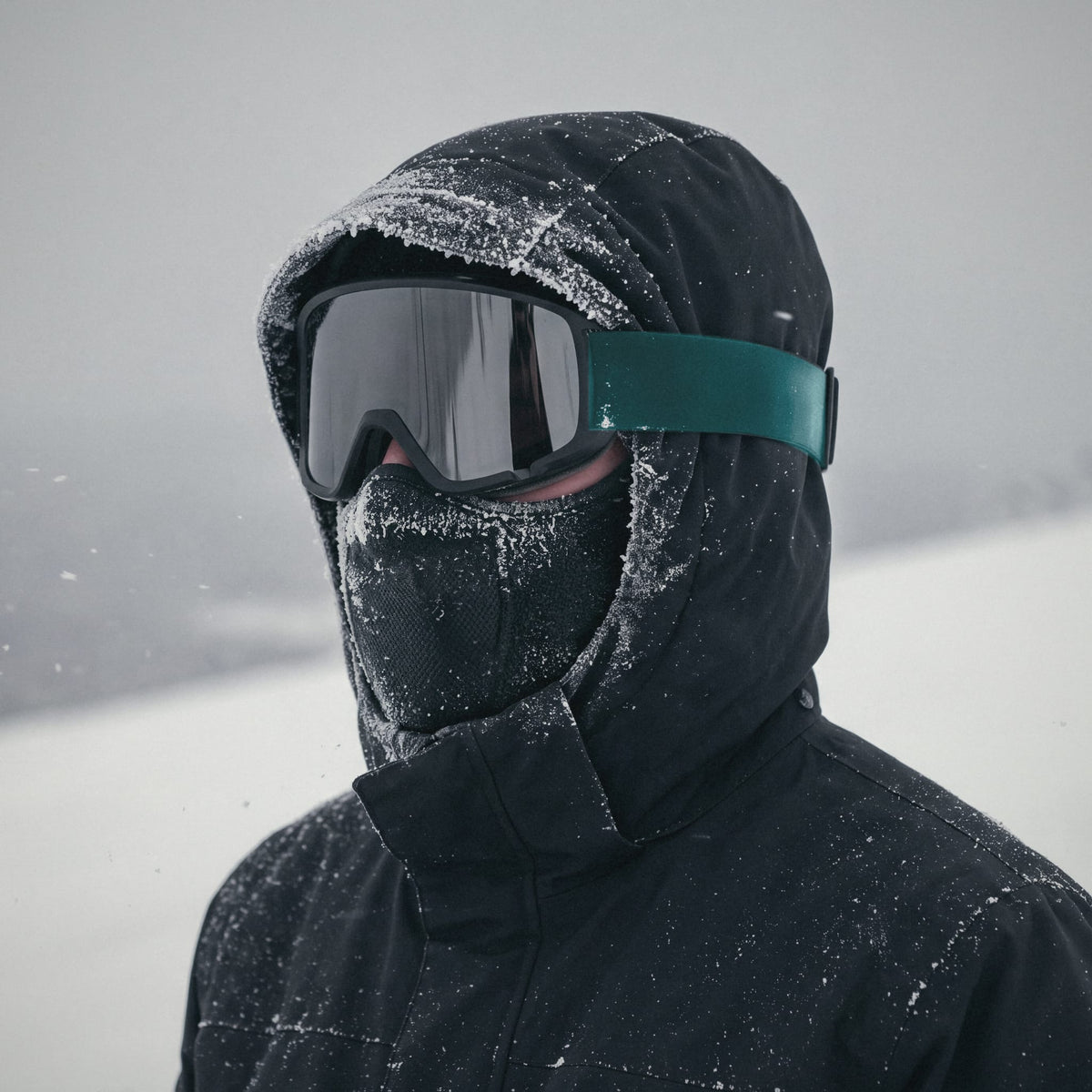 Frost on a hood, goggles and the Face Guard after a cold day on the mountain