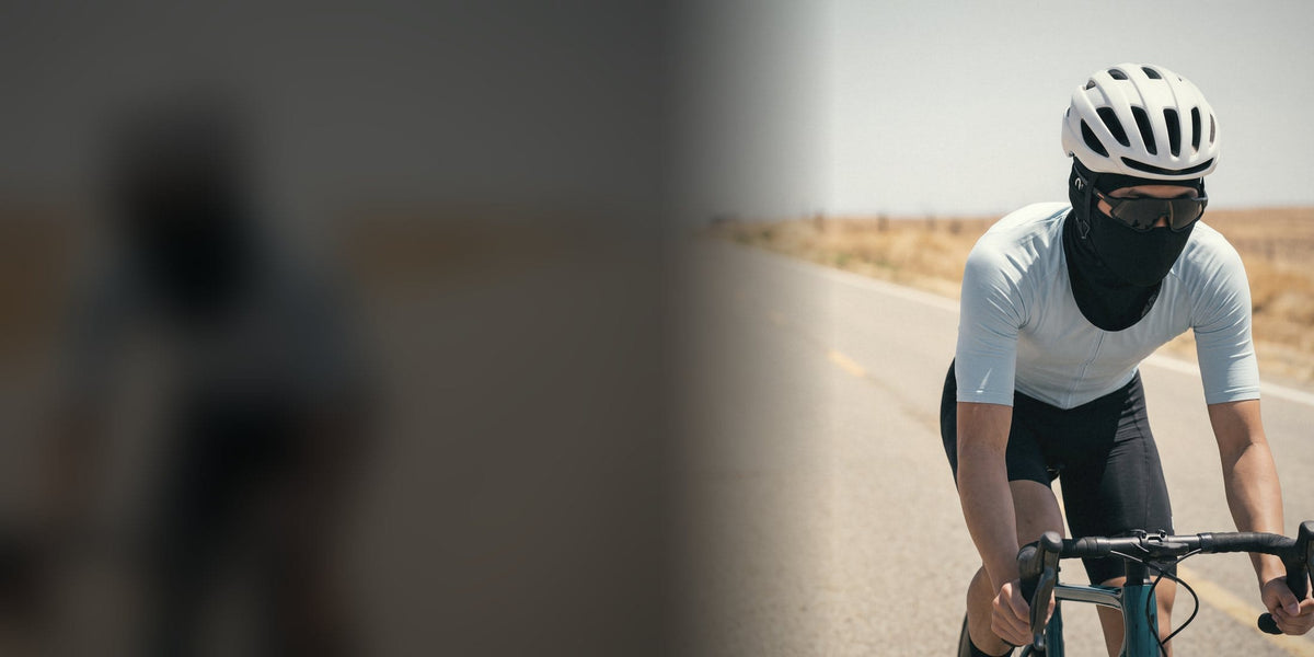 Road cyclist in the heat wearing the Summer Sports Balaclava under his helmet