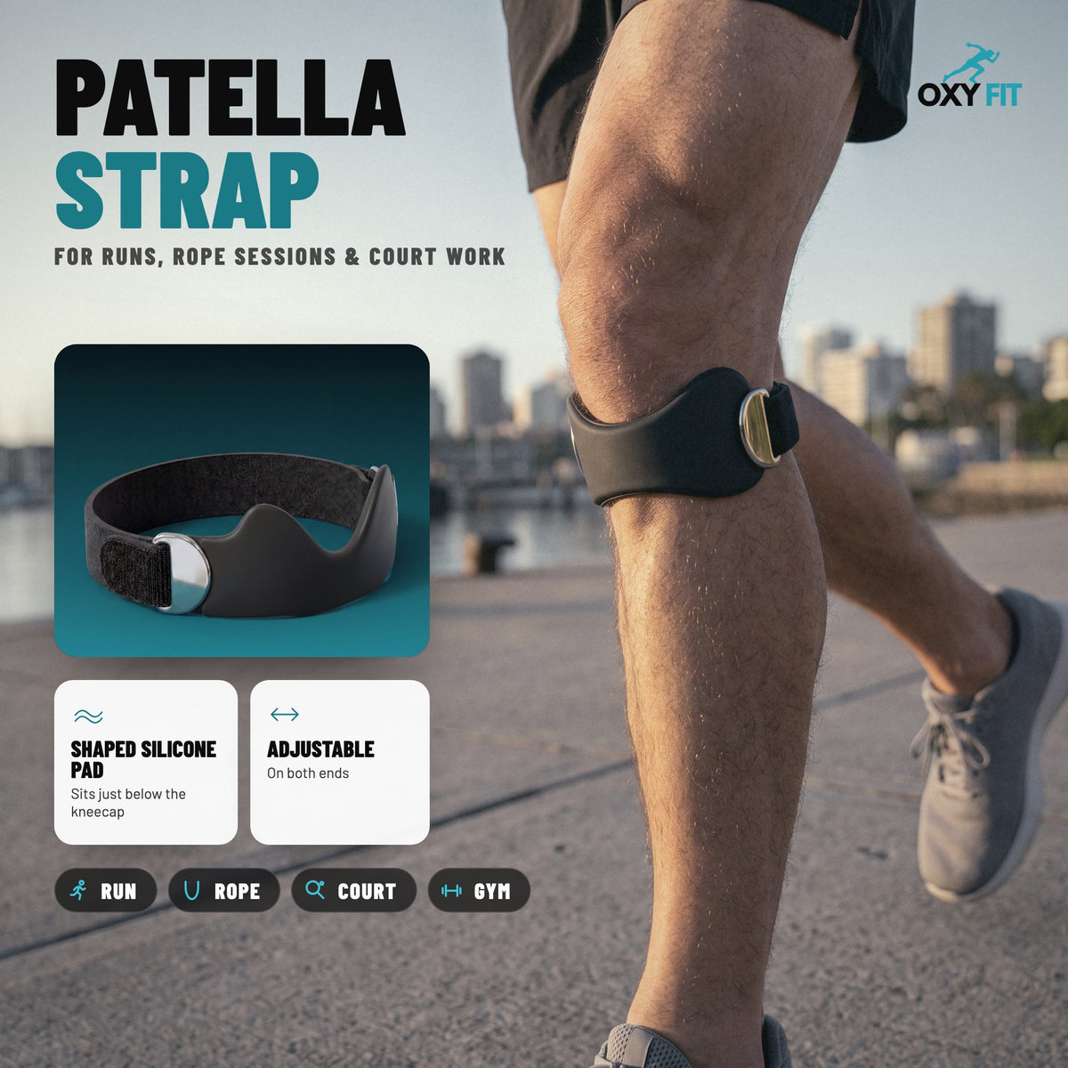 OXYFIT Knee Strap OXYFIT™ Patella Strap – Silicone Tendon Pad, Adjustable Knee Strap Patella Strap, Silicone Knee Strap for Running | OXYFIT