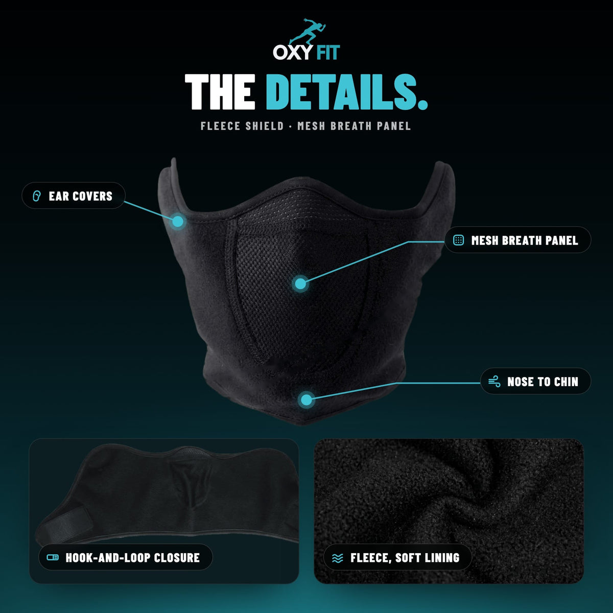 The details: ear covers, mesh breath panel, nose-to-chin cover, hook-and-loop closure, fleece with a soft lining