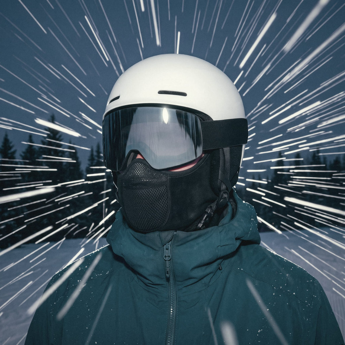 Skier in a white helmet and mirrored goggles wearing the Face Guard in falling snow at night